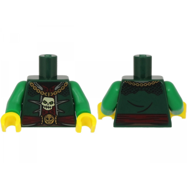 dark green torso open jacket over dark red vest gold necklace with white skull belt with buckle and emblem pattern bam green arms yellow hands