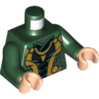 dark green torso suit with gold and silver highlights pattern dark green arms light nougat hands