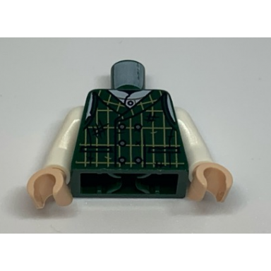 dark green torso dark green patched vest and white shirt pattern white arms light nougat hands