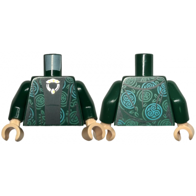 dark green torso harry potter robe with green and medium green circles black dress metallic silver and gold medallion pattern dark green arms light nougat hands
