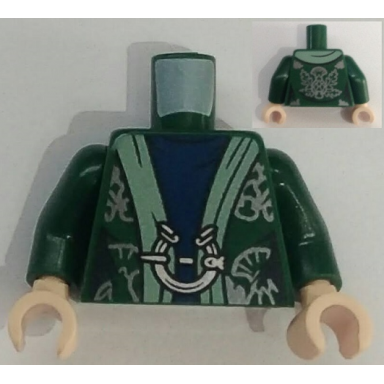 dark green torso harry potter robe sand green hem dark blue dress silver pin clasp and thistles pattern dark green arms light nougat hands