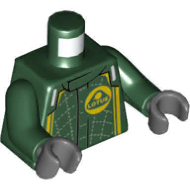 dark green torso racing suit with lotus logo silver stitching yellow stripes pattern dark green arms dark bluish gray hands