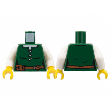 dark green torso female laced shirt white neck reddish brown belt with pouch pattern white arms yellow hands