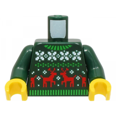 dark green torso knit fair isle holiday sweater with green collar white snowflakes and red reindeer pattern bam dark green arms yellow hands