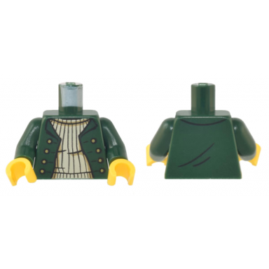dark green torso jacket open with gold buttons over tan ribbed sweater pattern dark green arms yellow hands