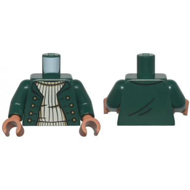 dark green torso jacket open with gold buttons over tan ribbed sweater pattern dark green arms sienna hands