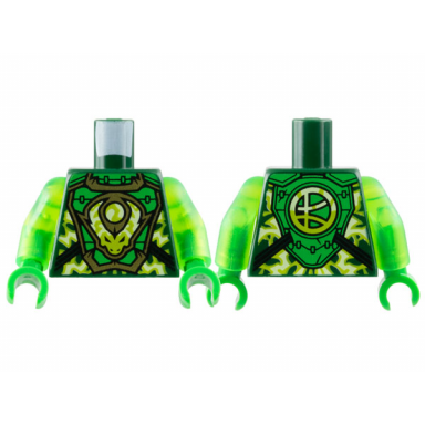 dark green torso armor breastplate lime electricity dragon head and orb logogram l on back pattern trans-bright green arms bright green hands