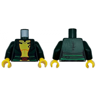 dark green torso super hero costume jacket over yellow shirt with orange highlights black stripes with red belt buckle and green sash pattern dark green arms yellow hands