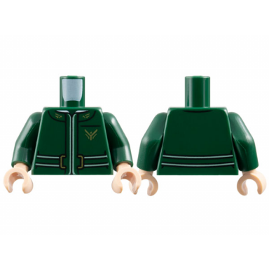 dark green torso jacket with black seams white belt and gold buckle and atreides hawk crest pattern dark green arms light nougat hands