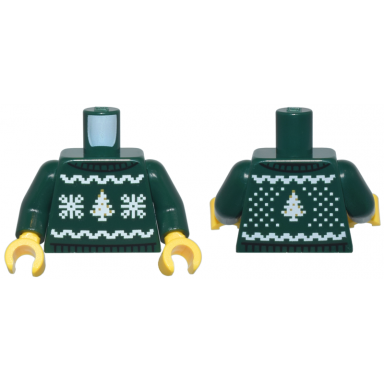 dark green torso knit fair isle holiday sweater with white and gold snowflakes and christmas trees pattern dark green arms yellow hands