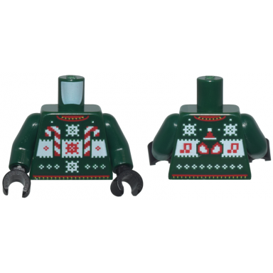 dark green torso knit fair isle holiday sweater with red and white candy canes snowflakes music notes and spider-man eyes pattern dark green arms black hands