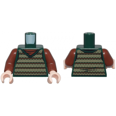 dark green torso sweater vest with zigzag reddish brown and tan stripes over shirt pattern reddish brown arms light nougat hands