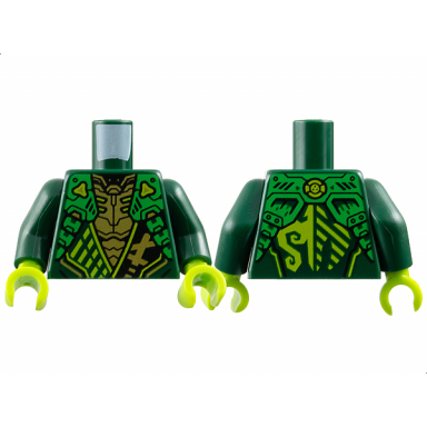 dark green torso armored tunic with bright green shoulder panels lime trim and gold ninjago logogram letter l over chest armor energy dragon logo on back pattern dark green arms lime hands