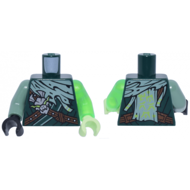 dark green torso tunic with reddish brown straps silver dragon head sand green torn wrap and lime ninjago logogram morro pattern trans-bright green arm left sand green arm right yellowish green hand left black hand right