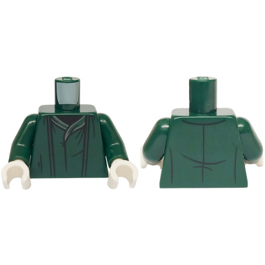 dark green torso robe with gathers lines and dark bluish gray collar trim over black shirt pattern dark green arms white hands