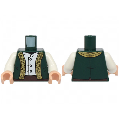 dark green torso vest open with ornate gold trim over white shirt dark brown pants pattern white arms light nougat hands
