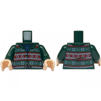 dark green torso fair isle cardigan sweater with red and white stripes across top middle and bottom over blue shirt pattern dark green arms light nougat hands