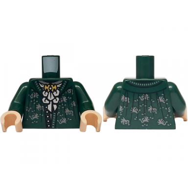dark green torso jacket open with buttons neck ruffle with gold brooch silver swirls pattern dark green arms light nougat hands