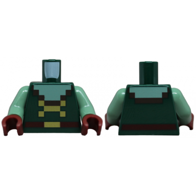 dark green torso pixelated sand green neck dark brown trim dark red belt with gold buckle pattern sand green arms dark red hands