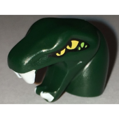 dark green minifigure head modified snake short neck with open mouth with white fangs and four yellow eyes pattern