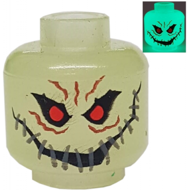 glow in dark trans minifigure head alien with red eyes teeth and wide stitched smile pattern scarecrow