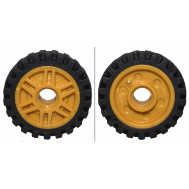 pearl gold wheel 18mm d x 8mm with fake bolts and deep spokes with inner ring with black tire 24mm d x 7mm offset tread - band around center of tread 13971 61254