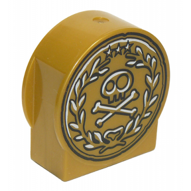 pearl gold duplo brick 1 x 2 x 2 round top cut away sides with skull and crossbones in laurel wreath pattern