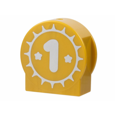 pearl gold duplo brick 1 x 2 x 2 round top cut away sides with silver sun stars and number 1 pattern