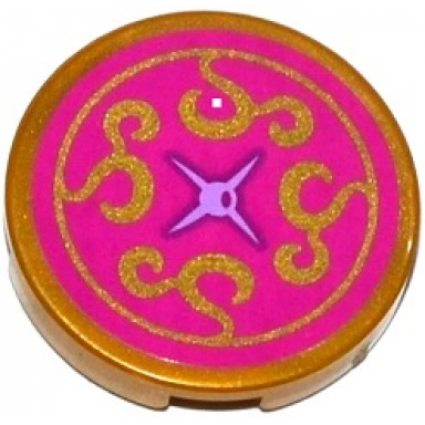pearl gold tile round 2 x 2 with bottom stud holder with magenta cushion with medium lavender button and gold swirls pattern sticker - set 41061