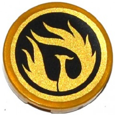 pearl gold tile round 2 x 2 with bottom stud holder with gold phoenix flames on black background in gold circle pattern sticker - set 70750
