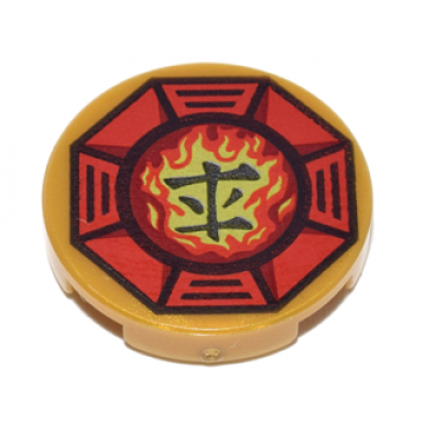 pearl gold tile round 2 x 2 with bottom stud holder with airjitzu fire symbol in red octagon pattern