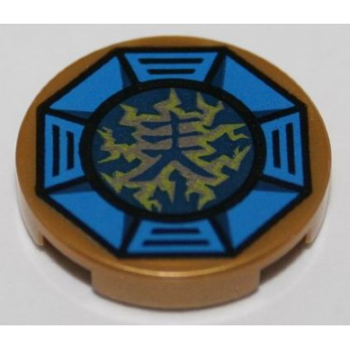 pearl gold tile round 2 x 2 with bottom stud holder with airjitzu lightning symbol in blue octagon pattern