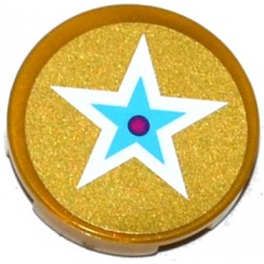 pearl gold tile round 2 x 2 with bottom stud holder with white and medium blue star with magenta center on gold background pattern sticker - set 41104