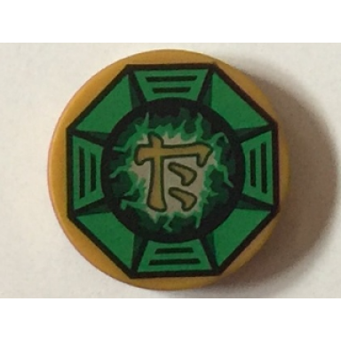 pearl gold tile round 2 x 2 with bottom stud holder with airjitzu lightning symbol in green octagon pattern