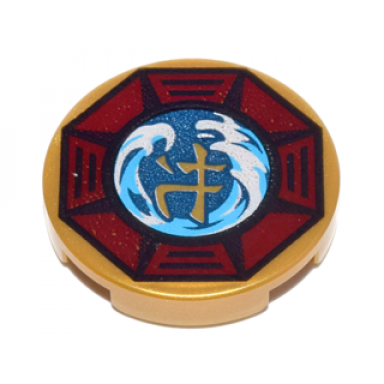 pearl gold tile round 2 x 2 with bottom stud holder with airjitzu wave symbol in dark red octagon pattern