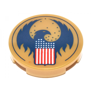 pearl gold tile round 2 x 2 with bottom stud holder with blue bird with raised wings and flag with red white and blue stars and stripes pattern