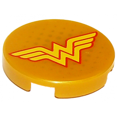 pearl gold tile round 2 x 2 with bottom stud holder with yellow letter w with red outline wonder woman logo and gold dots pattern