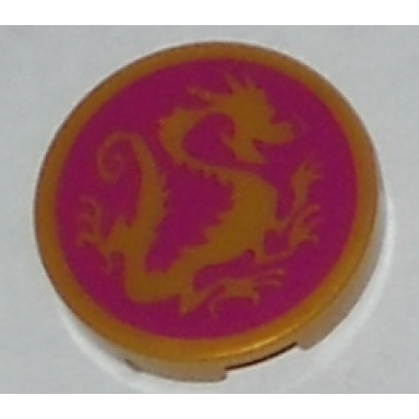pearl gold tile round 2 x 2 with bottom stud holder with pearl gold dragon on magenta background pattern