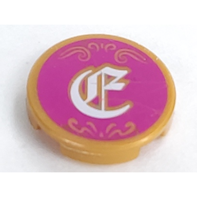 pearl gold tile round 2 x 2 with bottom stud holder with filigree and white character on magenta background pattern