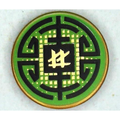 pearl gold tile round 2 x 2 with bottom stud holder with black circular lines and gold squares on green background ninjago logogram ll pattern