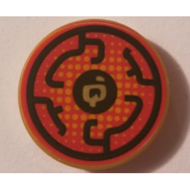 pearl gold tile round 2 x 2 with bottom stud holder with black circular lines on red background pattern