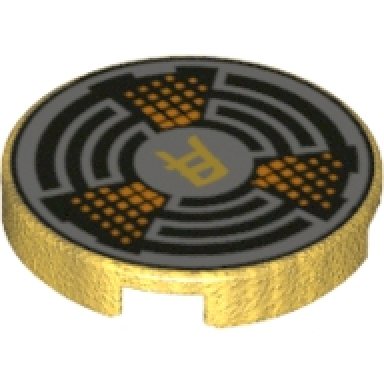 pearl gold tile round 2 x 2 with bottom stud holder with asian character broken circles and orange dots pattern