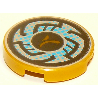 pearl gold tile round 2 x 2 with bottom stud holder with rune designs and blue pixels pattern