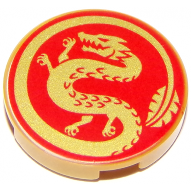 pearl gold tile round 2 x 2 with bottom stud holder with gold dragon on red background pattern