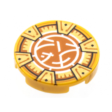 pearl gold tile round 2 x 2 with bottom stud holder with gold frame with 6 chevrons dark orange and white core logo pattern