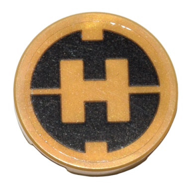pearl gold tile round 2 x 2 with bottom stud holder with black hero factory logo h on transparent background pattern sticker - set 80036