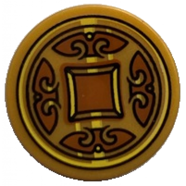 pearl gold tile round 2 x 2 with bottom stud holder with dark orange shapes coin pattern