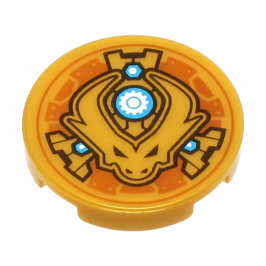 pearl gold tile round 2 x 2 with bottom stud holder with dragon head with horns and black eyes dark azure and white nuts and gear in circle pattern