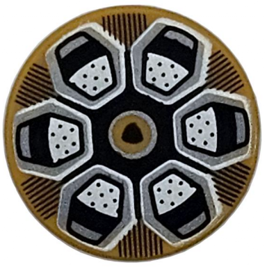 pearl gold tile round 2 x 2 with bottom stud holder with wheel rim with silver hexagonal spokes black lines and lamborghini logo pattern