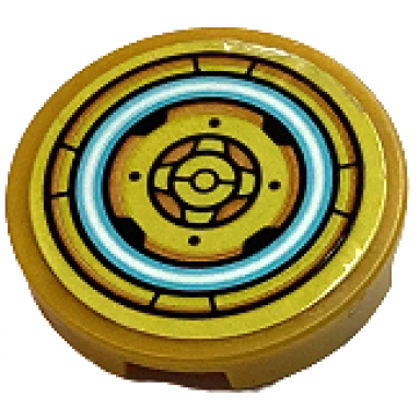 pearl gold tile round 2 x 2 with bottom stud holder with armor plates and medium azure light ring pattern sticker - set 71765